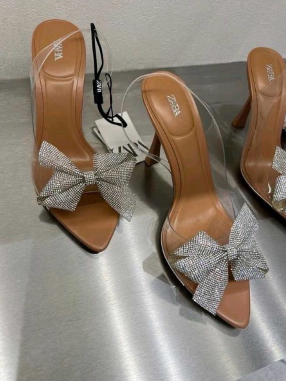 ZARA Nude Tan Clear-Strap Heels with Crystal Bow